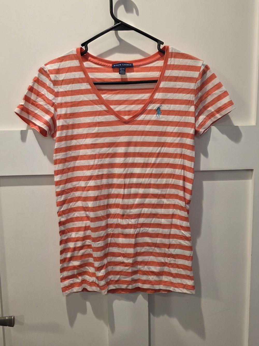 Ralph Lauren Womens XS Striped V Neck Baby tee shirt  Y2K Coral White